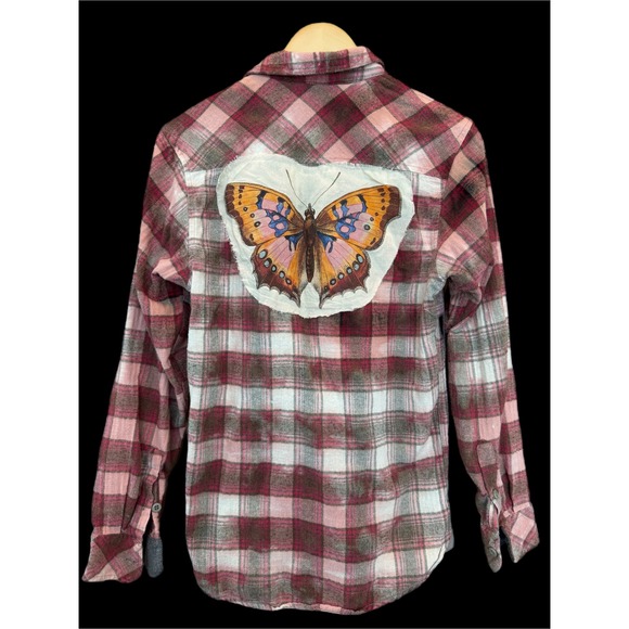 Vintage Pink Plaid Butterfly Patch Flannel S - Picture 2 of 7